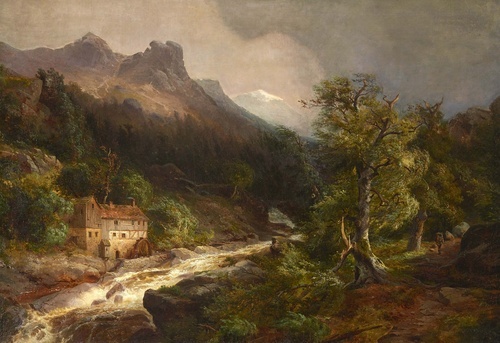 Swiss Mountain Mill by a Tumultuous Stream