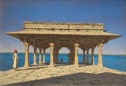Sera su un lago. Un padiglione sul molo di marmo a Rajnagar (principato di Udaipur) 1874