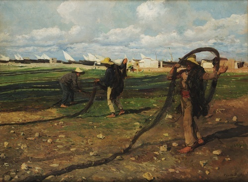 Fisherman taking up nets