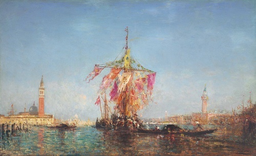 Flag-decked boat on the lagoon, Venice