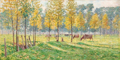 Cowherds under poplars