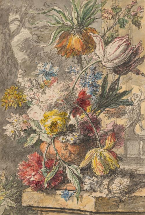 Flowers in an Urn and Bird's Nest on a Stone Plinth