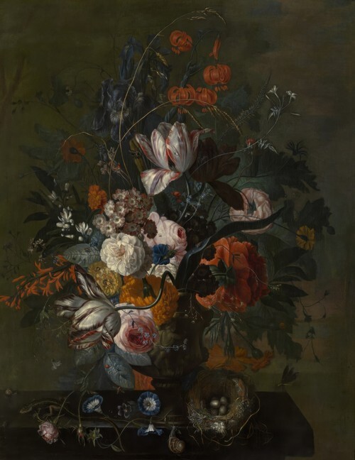 Still Life of flowers in a terracotta vase on a stone plinth