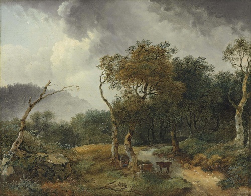 A wooded landscape with milkmaids and their cattle sheltering from a shower