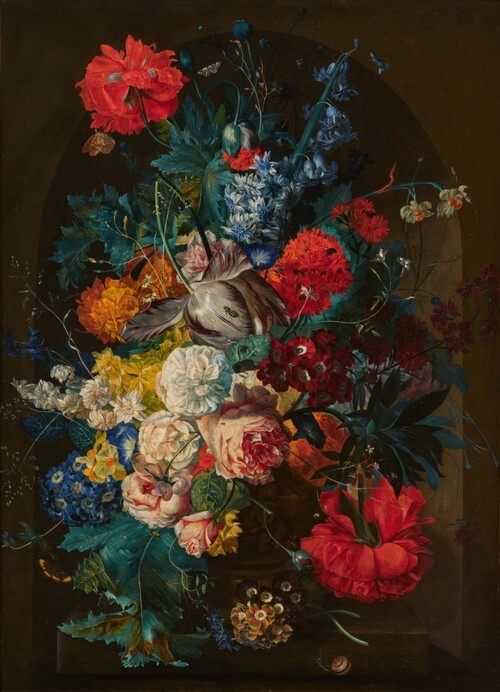 Still life of flowers in a vase set in a stone niche