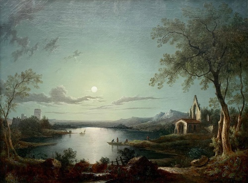Moonlight over a Lake and Church Landscape