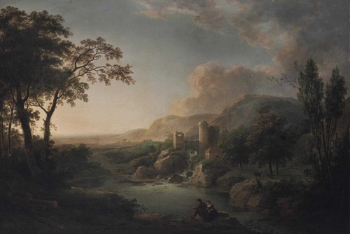 Mountainous Landscape with Fishermen and Castle Ruins