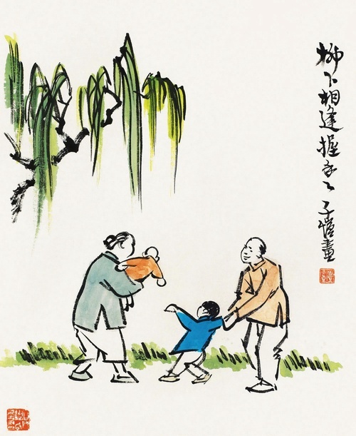 柳の下で出会い、手を握る