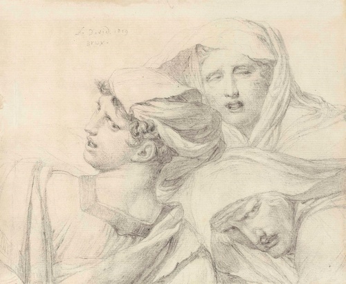 Three women in classical dress, bust length, with anguished expressions