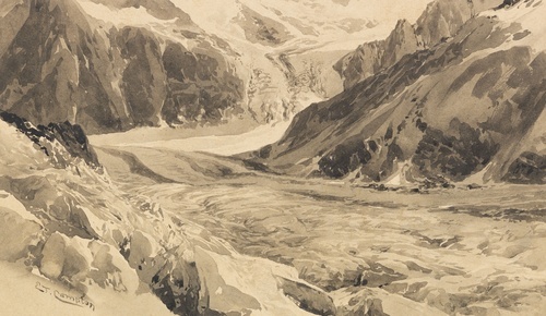 मोंट ब्लैंक मासिफ पर तकुल और तालेफ़्रे ग्लेशियर का संगम, लगभग 1908