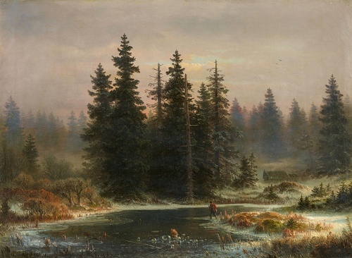 Landschap met dennen en een jager