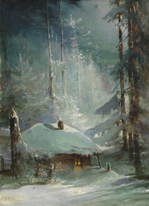 Hytte i en vinterlig skov