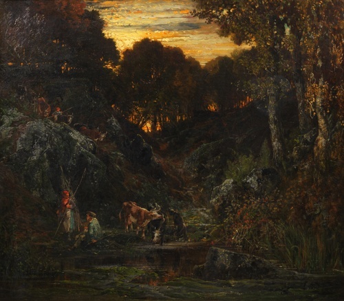 Forest scene with peasants and cows