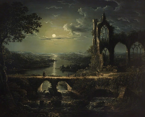 Moonlit River Scene with a Ruined Gothic Church and an Arched Stone Bridge with an Angler
