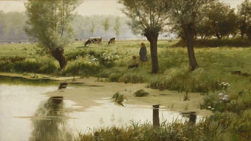 A Pastoral Scene with Children and Cattle by a Pond