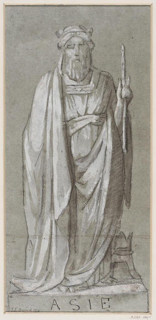 Sketch of a bearded, draped male figure, standing upon a plinth and holding a baton in his left hand