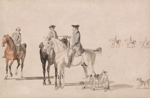 The Duke of Cumberland with a Gentleman and a Groom, all mounted, and Dogs