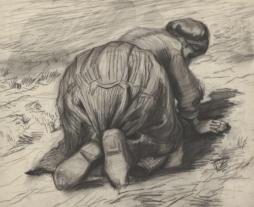 Peasant woman, kneeling seen from behind