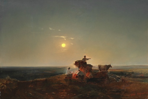 Nomads around a fire on the plain in moonlight