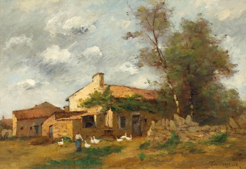 Une Femme Gardant les Oies Devant une Cour de Ferme