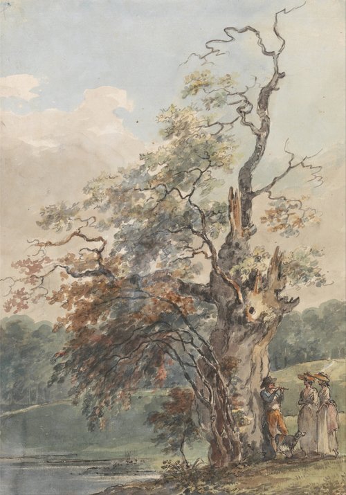 Landschap met een man die fluit speelt onder een oude boom