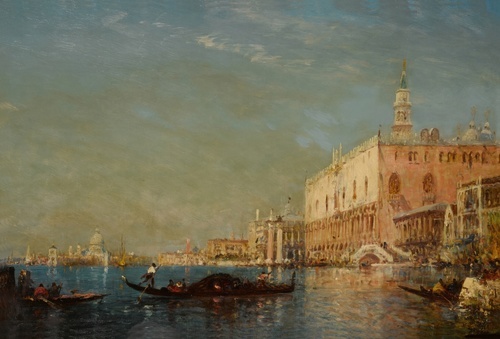 Gondolieri im Bacino, Palazzo Ducale im Hintergrund