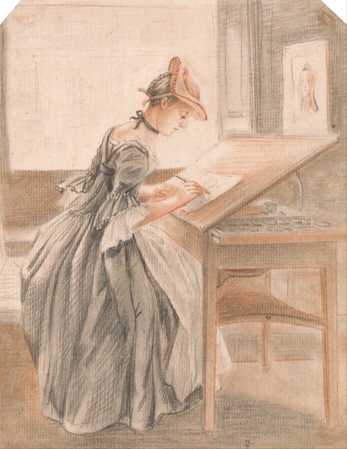 Una signora che copia a un tavolo da disegno