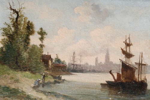 Boats at Anchor with a Town Beyond