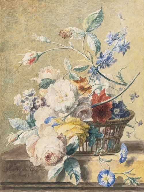 Roses and other flowers in an open-weave basket