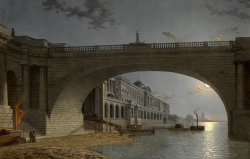 London, a view of Somerset House seen through an arch of Waterloo Bridge