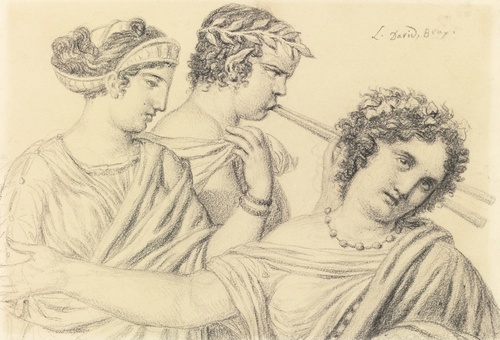 Two dancers and a flutist, bust length