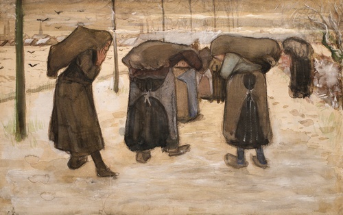 Women carrying sacks of coal in the snow