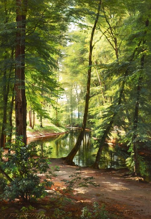 Forest scene with a stream and a man fishing from a boat