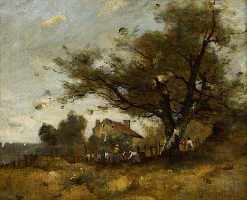 Figures outside a coastal cottage