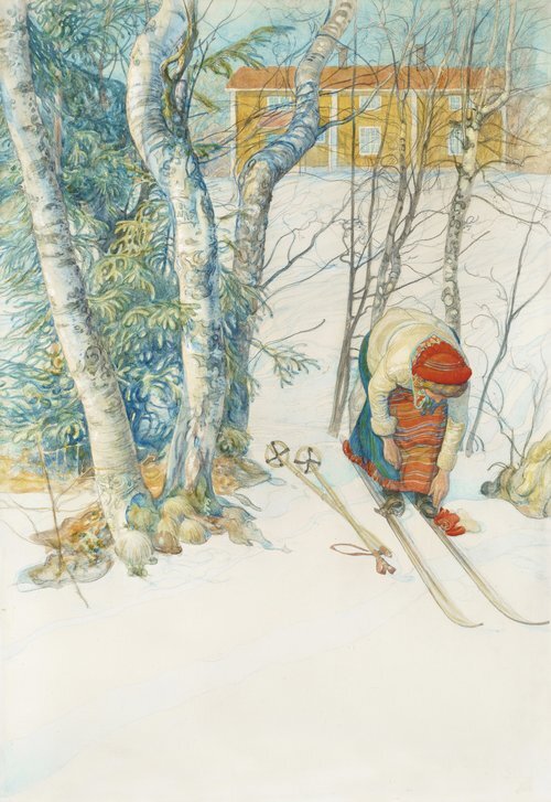 A girl preparing her skis