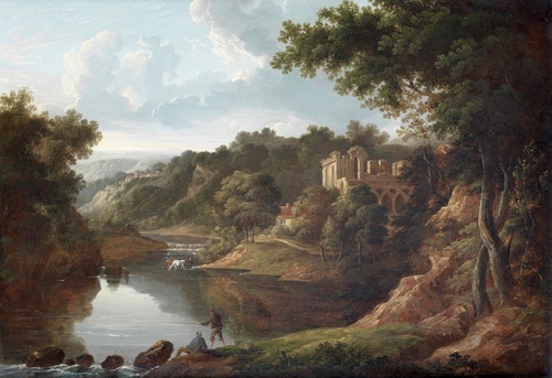 A Wooded Landscape with Fishermen in the Foreground, Horses Watering Before a Waterfall and a Ruined Gothic Building Beyond