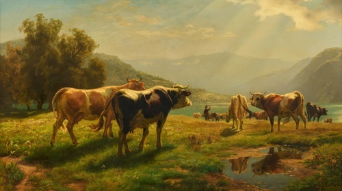 Cattle Herding Above a Mountain Lake