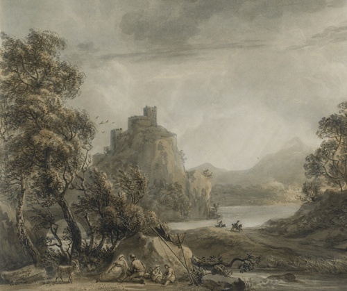 A Mountainous Landscape with a Castle and a Rustic Family in the Foreground