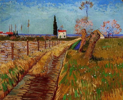 Chemin à travers un pré avec saules