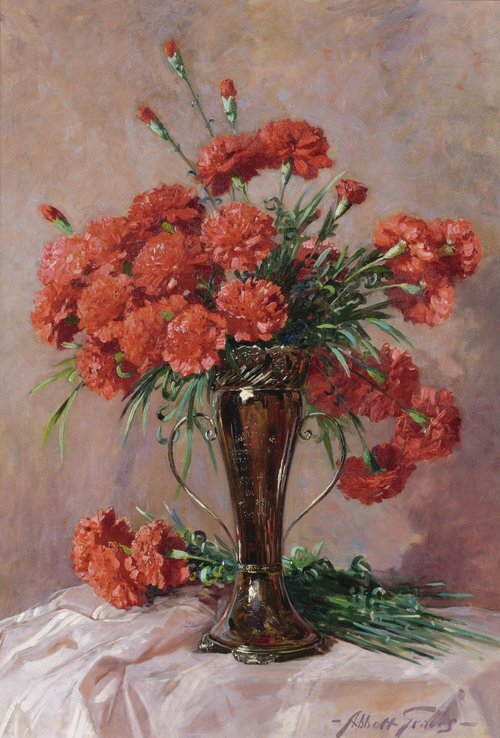 Red Carnations in a Silver Vase