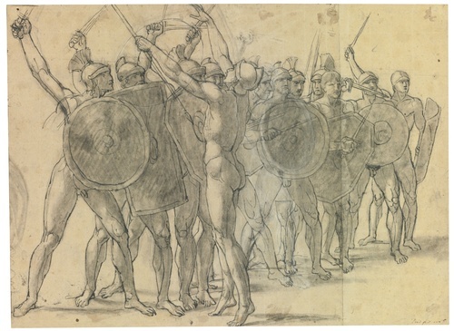 Nude soldiers gesticulating with their weapons
