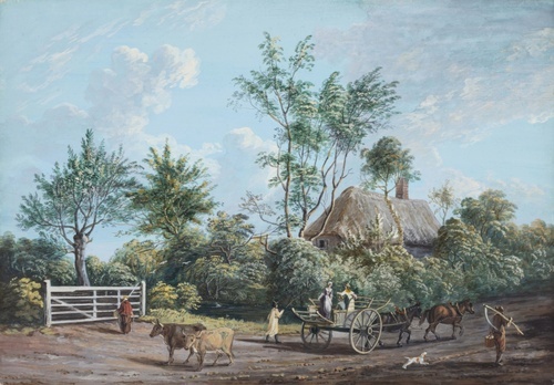 Figures on a Rural Road, Trees and a Thatched Cottage Beyond