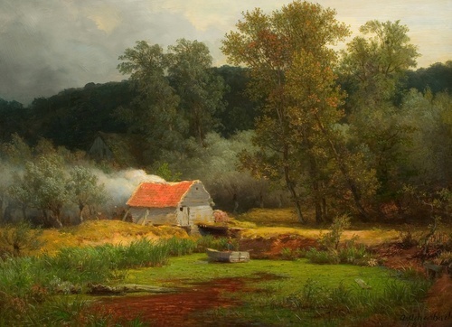 Shed by a Pond in a Wooded Hilly Landscape