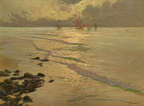 Fishing boats in front at the coast