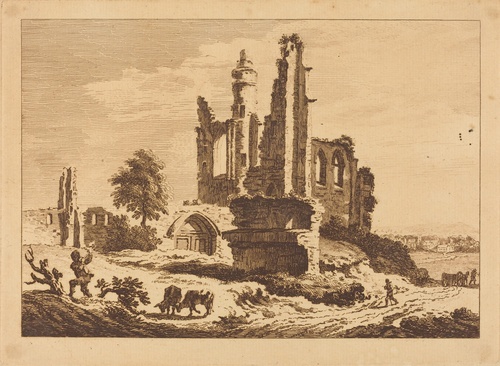 Ruined Abbey with Cattle and a Man Chopping Wood
