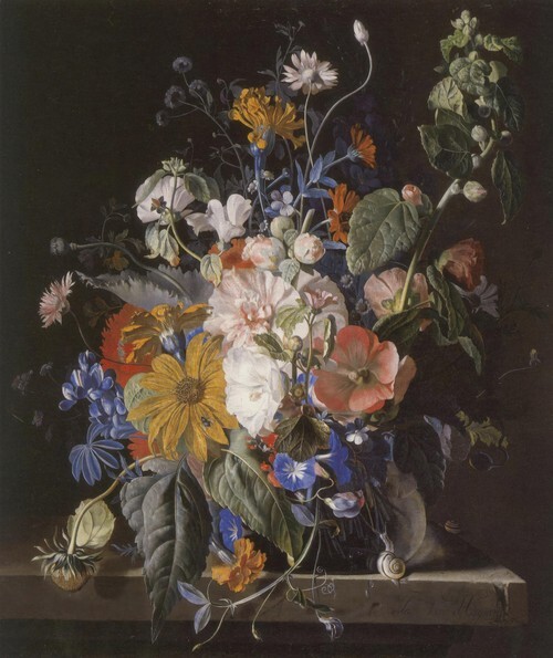 Flower still-life and snails on a stone ledge