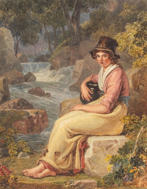 A Country Girl Seated by a River Holding a Jug