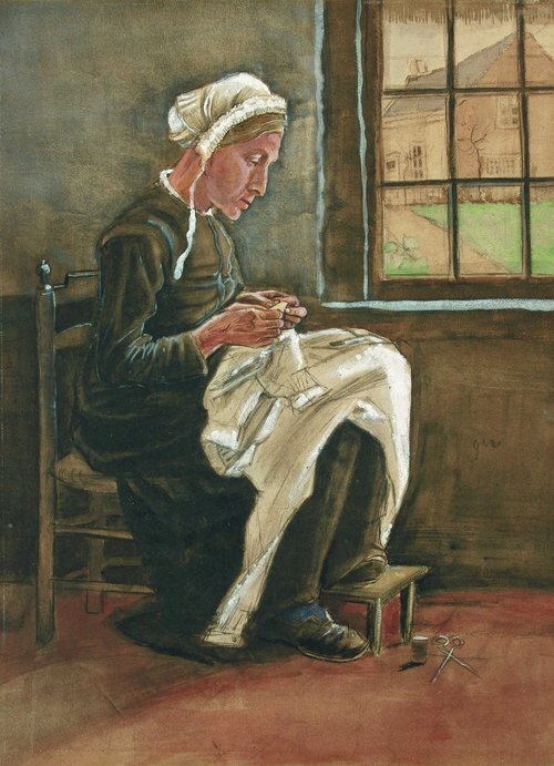 Woman sewing by the Window