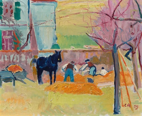Garden with builders and horse