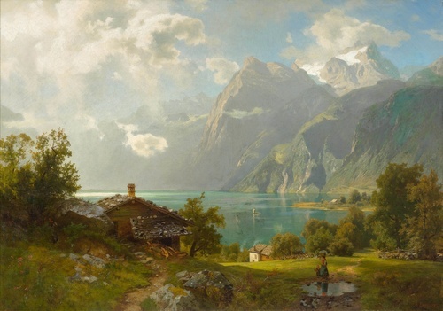 View at the Lake of Lucerne with washerwoman and child